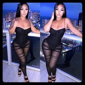 Sexy Black Mesh Sheer Bodycon Jumpsuit